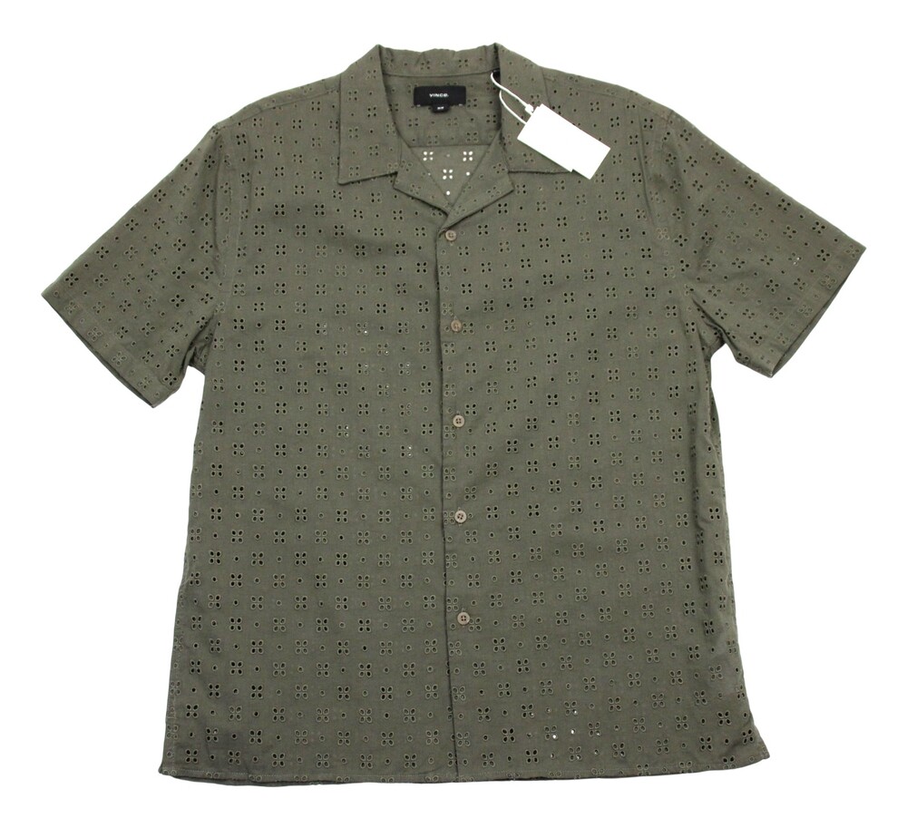 Vince Camp Shirt Mens Medium Dome Green Eyelet Cotton Short Sleeve Button Up